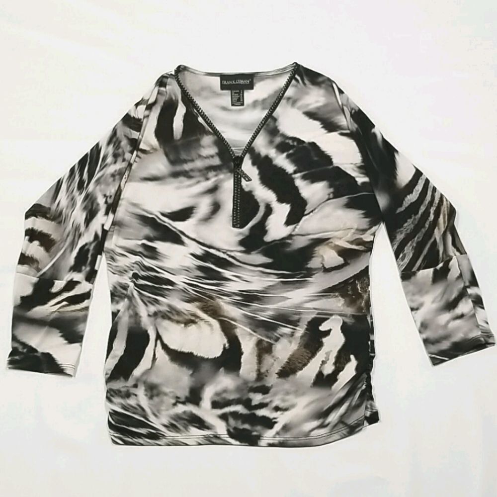 5/25 Frank Lyman Vintage Blouse Women's Size 6 Zebra Mix 1/4 Zip Black